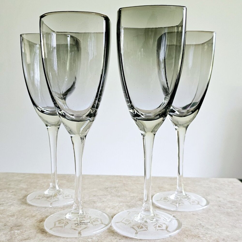 4 Retro Square Grey Wine Glasses 9.5" frosted etched base snowflake winter holid - Picture 12 of 13